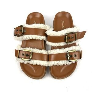 Paula Torres Birken Sandals 7 Brown Fuzzy Fur Slip On Boho Shoes‎ Womens